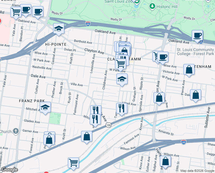 map of restaurants, bars, coffee shops, grocery stores, and more near 6450 Wade Avenue in St. Louis