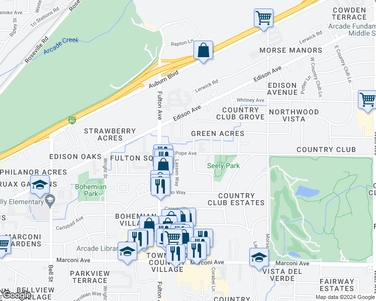 map of restaurants, bars, coffee shops, grocery stores, and more near 2647 Pope Avenue in Sacramento