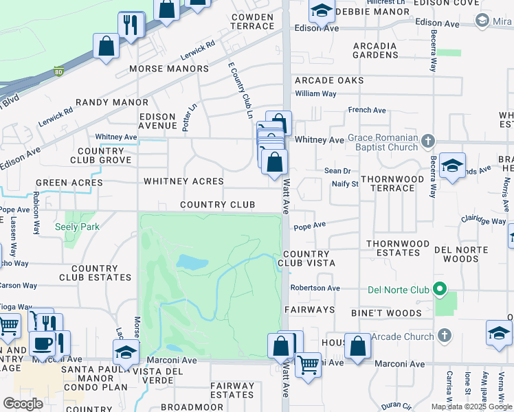 map of restaurants, bars, coffee shops, grocery stores, and more near 3411 Pope Avenue in Sacramento