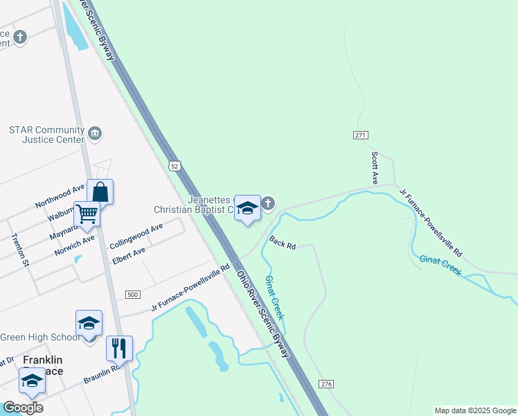 map of restaurants, bars, coffee shops, grocery stores, and more near 623 Junior Furnace-Powellsville Road in Franklin Furnace