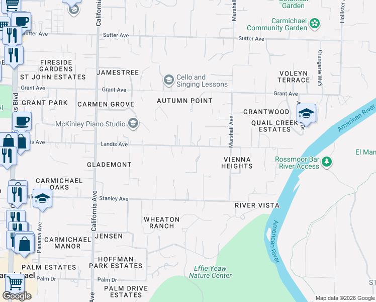 map of restaurants, bars, coffee shops, grocery stores, and more near 6512 Landis Avenue in Carmichael