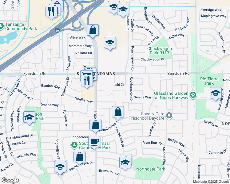 map of restaurants, bars, coffee shops, grocery stores, and more near 64 Saginaw Circle in Sacramento