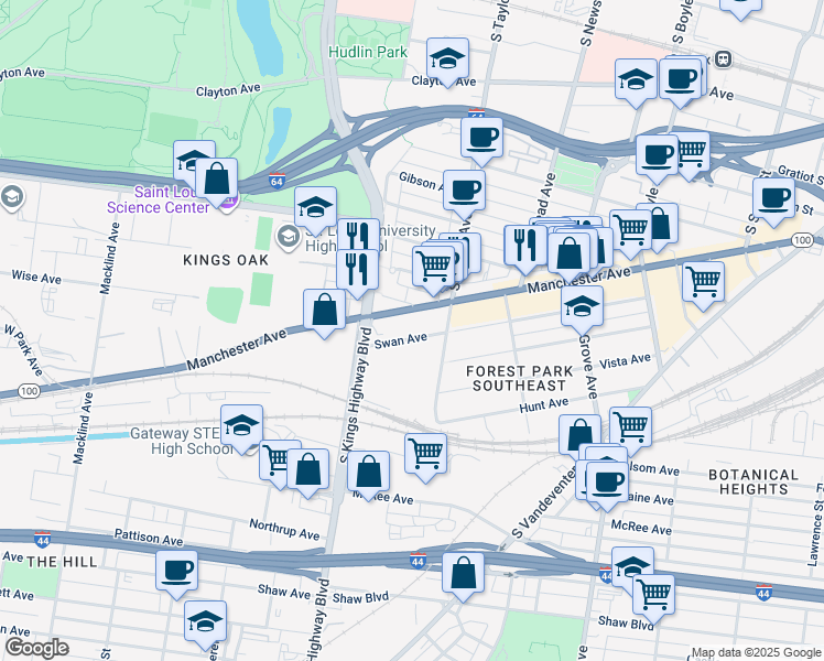 map of restaurants, bars, coffee shops, grocery stores, and more near 4502 Swan Avenue in St. Louis