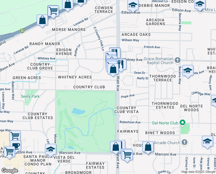 map of restaurants, bars, coffee shops, grocery stores, and more near 3411 Pope Avenue in Sacramento