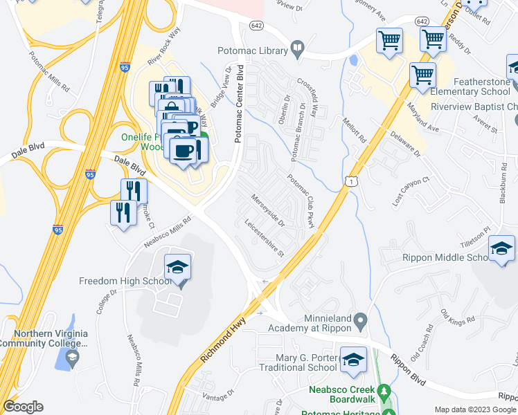 map of restaurants, bars, coffee shops, grocery stores, and more near 2293 Merseyside Drive in Woodbridge