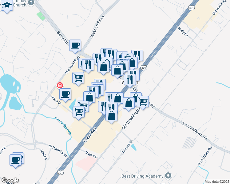 map of restaurants, bars, coffee shops, grocery stores, and more near 3135 Crain Highway in Waldorf