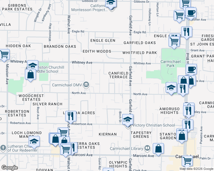 map of restaurants, bars, coffee shops, grocery stores, and more near 3308 Hunter Lane in Carmichael
