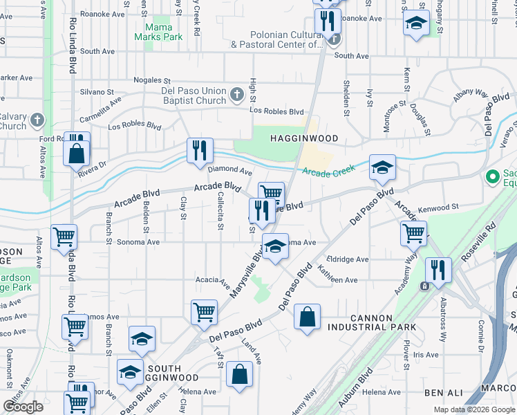 map of restaurants, bars, coffee shops, grocery stores, and more near 1438 Arcade Boulevard in Sacramento