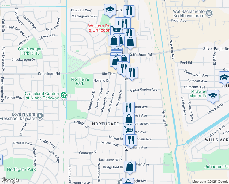 map of restaurants, bars, coffee shops, grocery stores, and more near 3205 Northview Drive in Sacramento