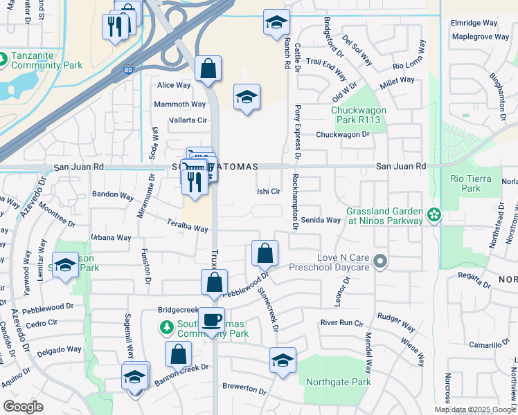 map of restaurants, bars, coffee shops, grocery stores, and more near 64 Saginaw Circle in Sacramento