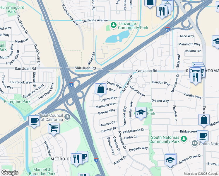 map of restaurants, bars, coffee shops, grocery stores, and more near 3186 Doroteo Way in Sacramento