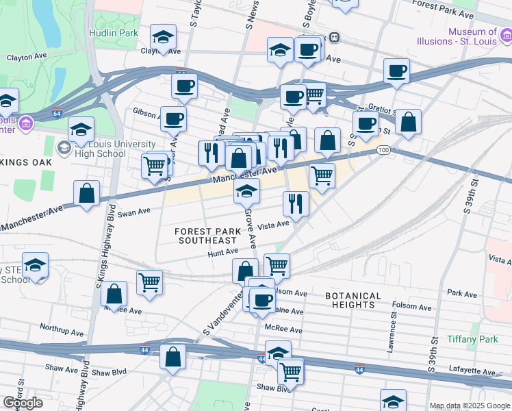 map of restaurants, bars, coffee shops, grocery stores, and more near 1308 Tower Grove Avenue in St. Louis