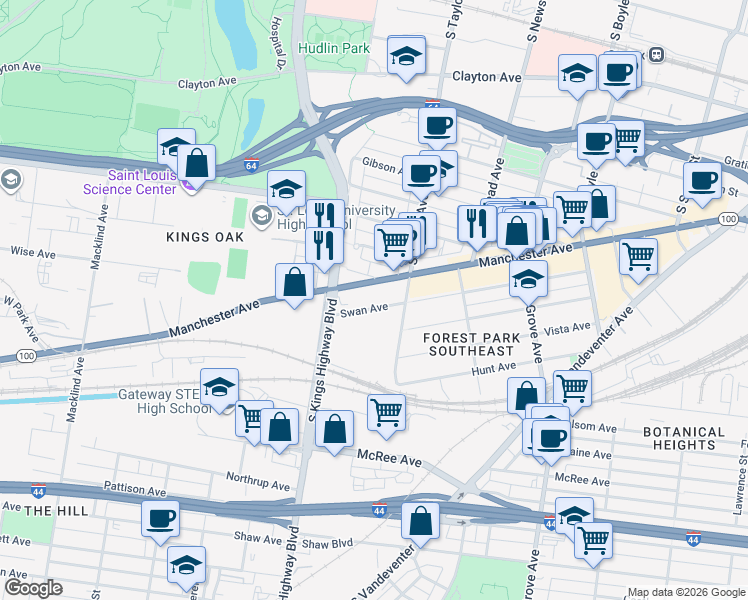map of restaurants, bars, coffee shops, grocery stores, and more near 4502 Swan Avenue in St. Louis