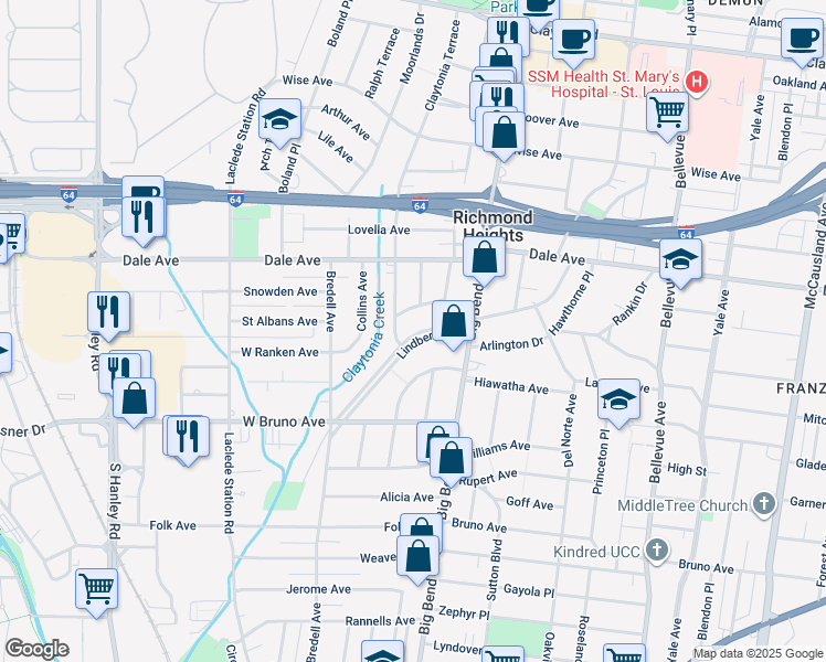 map of restaurants, bars, coffee shops, grocery stores, and more near 7546 Lindbergh Drive in Richmond Heights