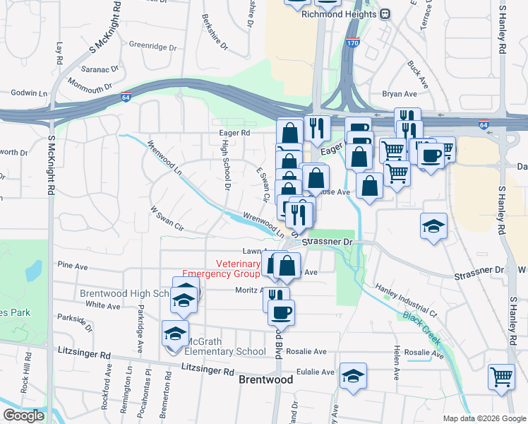 map of restaurants, bars, coffee shops, grocery stores, and more near 1688 East Swan Circle in St. Louis