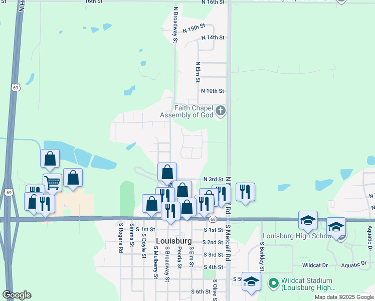 map of restaurants, bars, coffee shops, grocery stores, and more near 337 North 4th Terrace in Louisburg