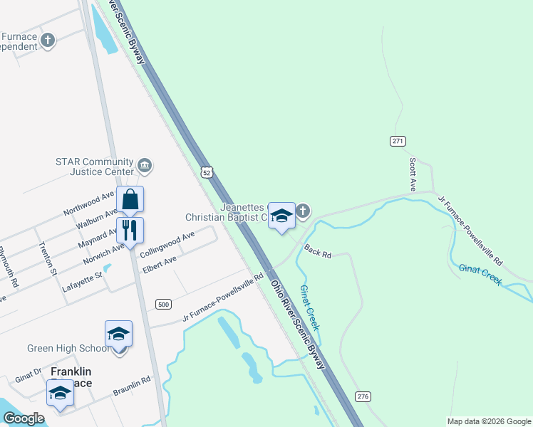 map of restaurants, bars, coffee shops, grocery stores, and more near 461 Elbert Avenue in Franklin Furnace