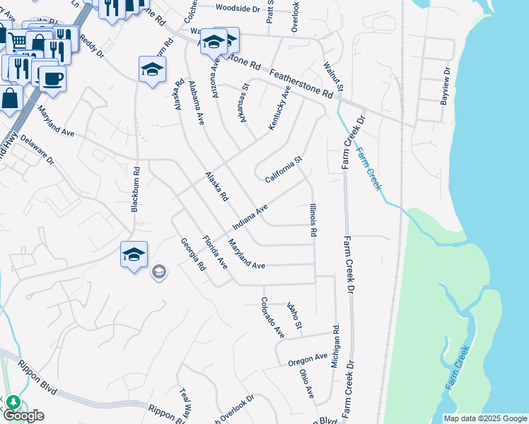 map of restaurants, bars, coffee shops, grocery stores, and more near 1423 Indiana Avenue in Woodbridge