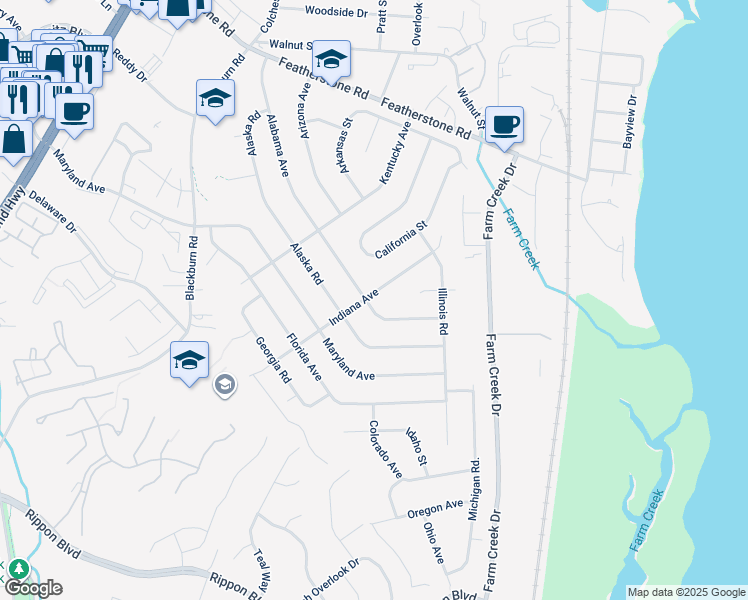 map of restaurants, bars, coffee shops, grocery stores, and more near 1423 Indiana Avenue in Woodbridge