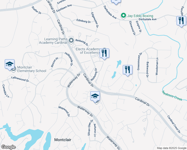 map of restaurants, bars, coffee shops, grocery stores, and more near 4409 Redwing Drive in Woodbridge