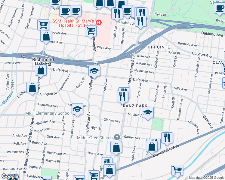 map of restaurants, bars, coffee shops, grocery stores, and more near 7105 Horner Avenue in St. Louis