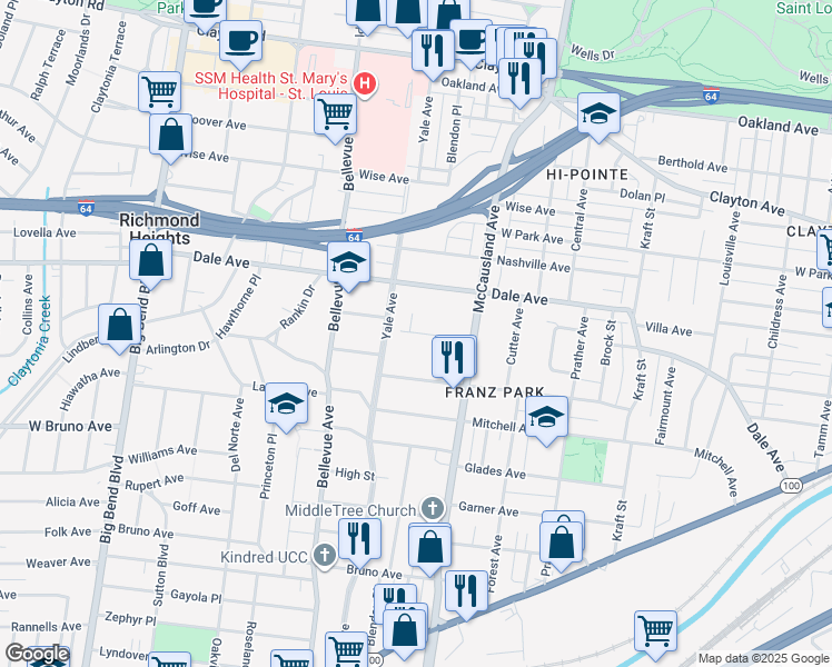 map of restaurants, bars, coffee shops, grocery stores, and more near 7113 Horner Avenue in St. Louis