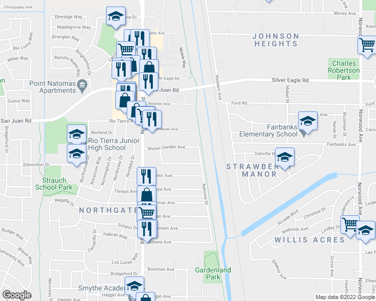 map of restaurants, bars, coffee shops, grocery stores, and more near 400 Winter Garden Avenue in Sacramento