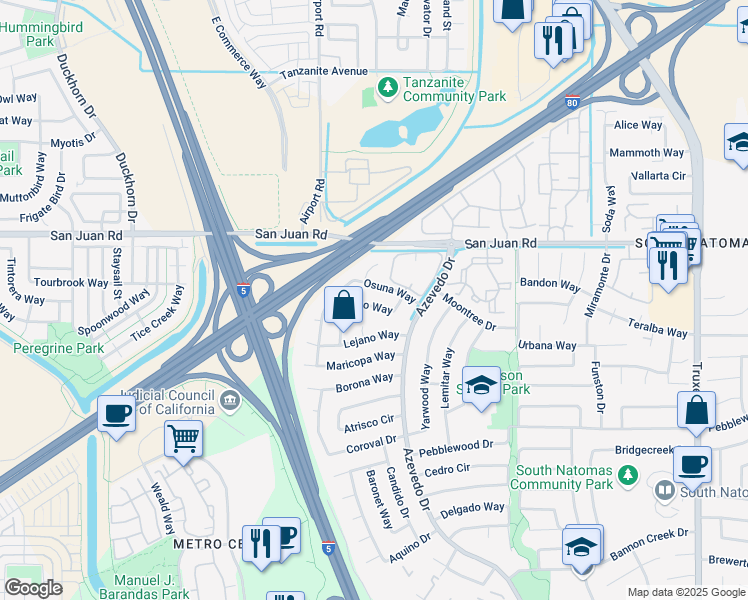 map of restaurants, bars, coffee shops, grocery stores, and more near 3186 Doroteo Way in Sacramento