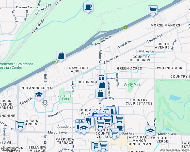 map of restaurants, bars, coffee shops, grocery stores, and more near 2526 Edison Avenue in Sacramento