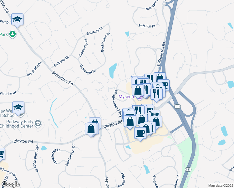 map of restaurants, bars, coffee shops, grocery stores, and more near 2150 Village Green Parkway in Chesterfield