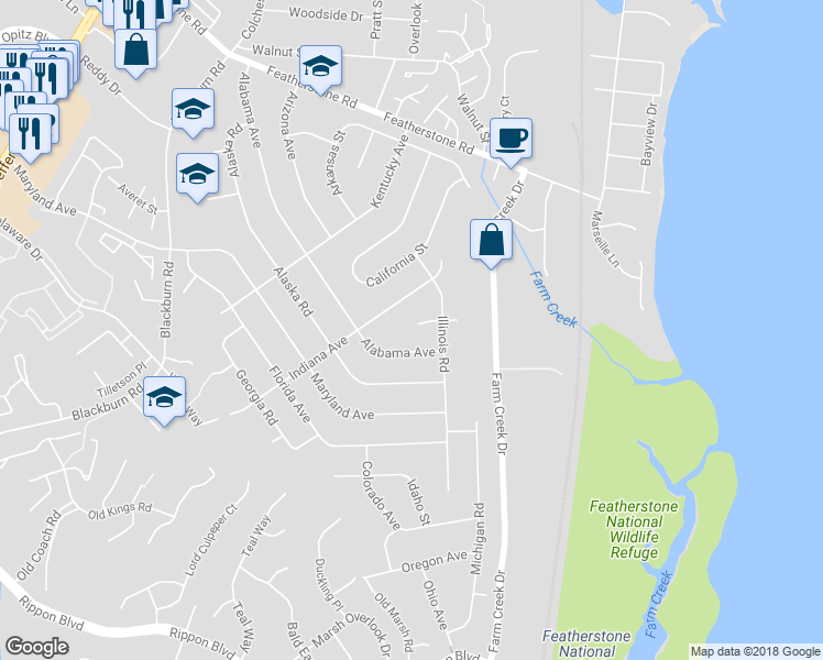 map of restaurants, bars, coffee shops, grocery stores, and more near 1407 Illinois Court in Woodbridge