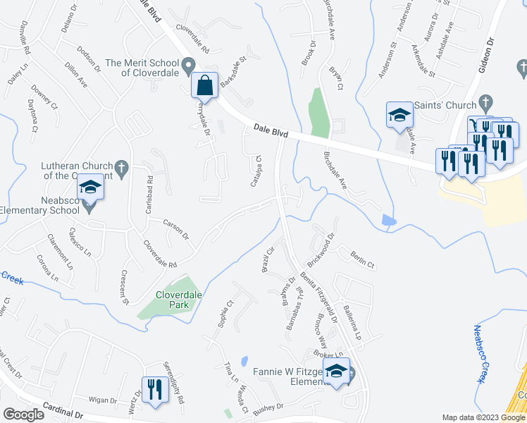map of restaurants, bars, coffee shops, grocery stores, and more near 15268 Cloverdale Road in Woodbridge
