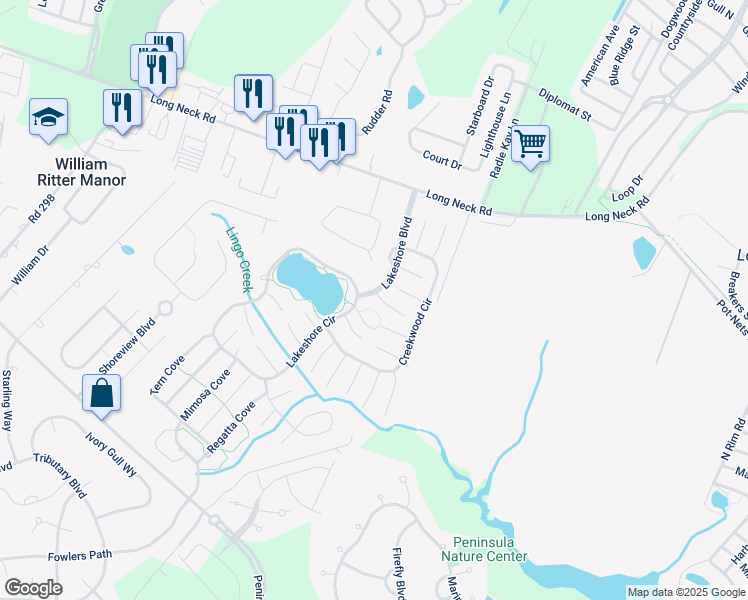 map of restaurants, bars, coffee shops, grocery stores, and more near 26465 Heartwood Cove in Long Neck