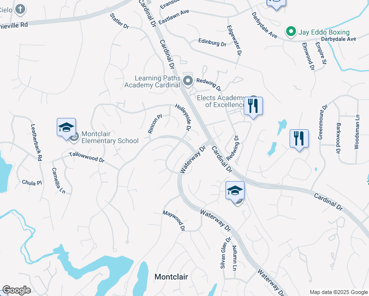 map of restaurants, bars, coffee shops, grocery stores, and more near 15220 Cedar Knoll Court in Montclair