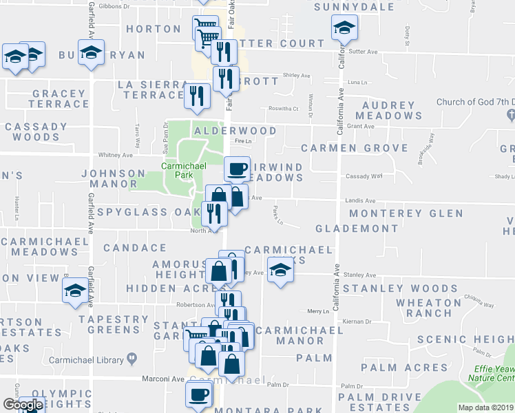 map of restaurants, bars, coffee shops, grocery stores, and more near 3329 Parks Lane in Carmichael