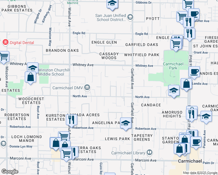 map of restaurants, bars, coffee shops, grocery stores, and more near 3309 Arya Way in Carmichael