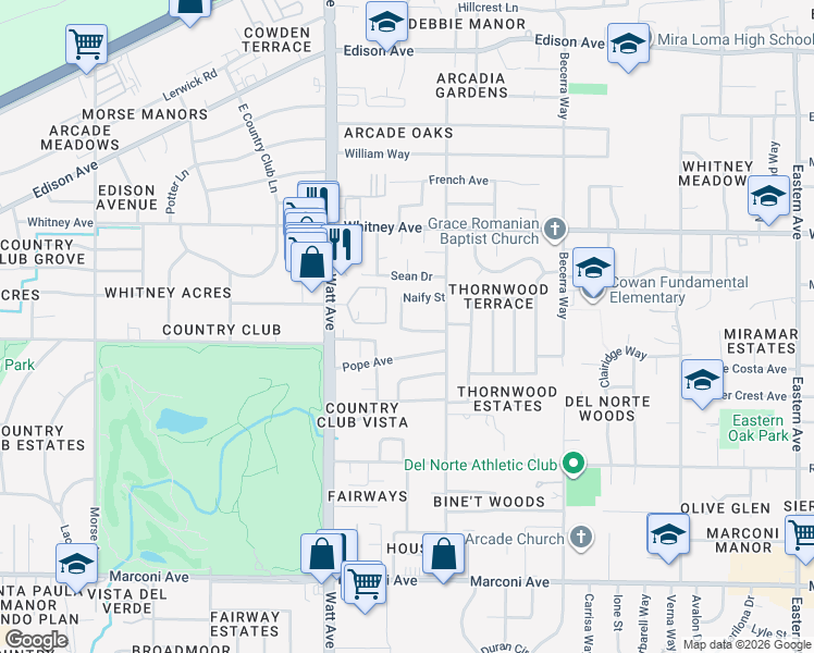 map of restaurants, bars, coffee shops, grocery stores, and more near 3611 Pope Avenue in Sacramento