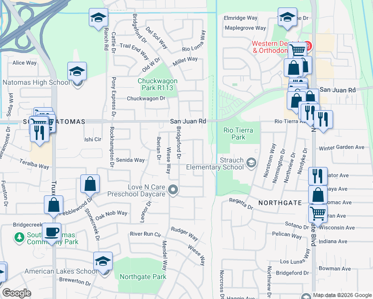map of restaurants, bars, coffee shops, grocery stores, and more near 3116 Bridgeford Drive in Sacramento