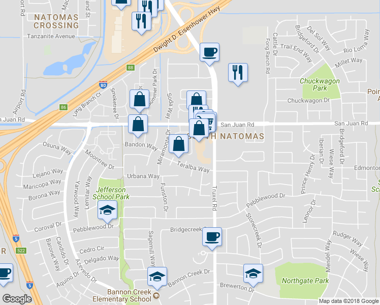map of restaurants, bars, coffee shops, grocery stores, and more near 6 Letty Court in Sacramento