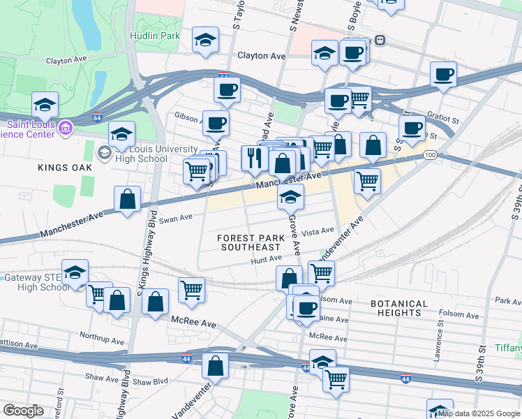 map of restaurants, bars, coffee shops, grocery stores, and more near 4343 Norfolk Avenue in St. Louis