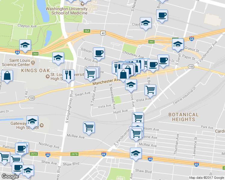 map of restaurants, bars, coffee shops, grocery stores, and more near 4405 Norfolk Avenue in St. Louis