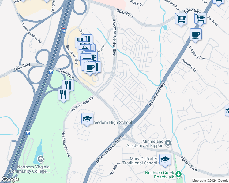 map of restaurants, bars, coffee shops, grocery stores, and more near 15072 Leicestershire Street in Woodbridge