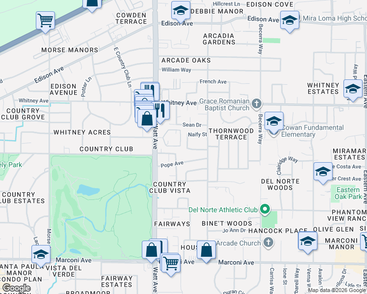 map of restaurants, bars, coffee shops, grocery stores, and more near 3611 Pope Avenue in Sacramento