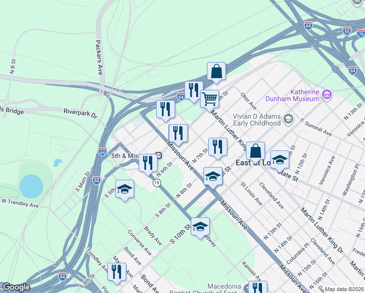 map of restaurants, bars, coffee shops, grocery stores, and more near 603 Missouri Avenue in East St. Louis