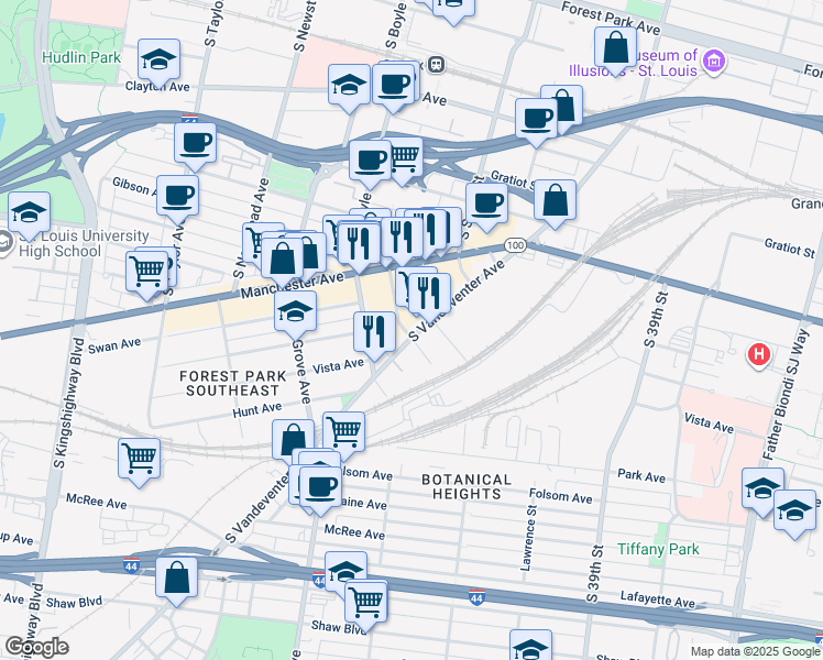 map of restaurants, bars, coffee shops, grocery stores, and more near 1402 South Vandeventer Avenue in St. Louis