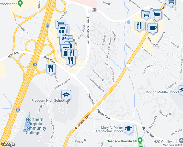 map of restaurants, bars, coffee shops, grocery stores, and more near 15053 Leicestershire Street in Woodbridge