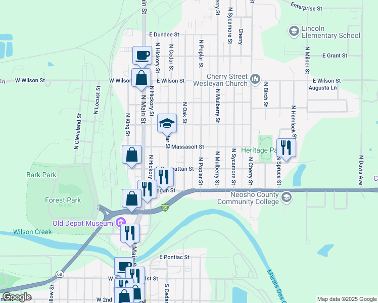 map of restaurants, bars, coffee shops, grocery stores, and more near 606 North Poplar Street in Ottawa