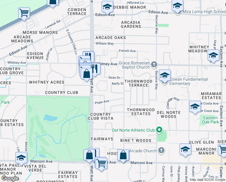 map of restaurants, bars, coffee shops, grocery stores, and more near 3611 Pope Avenue in Sacramento