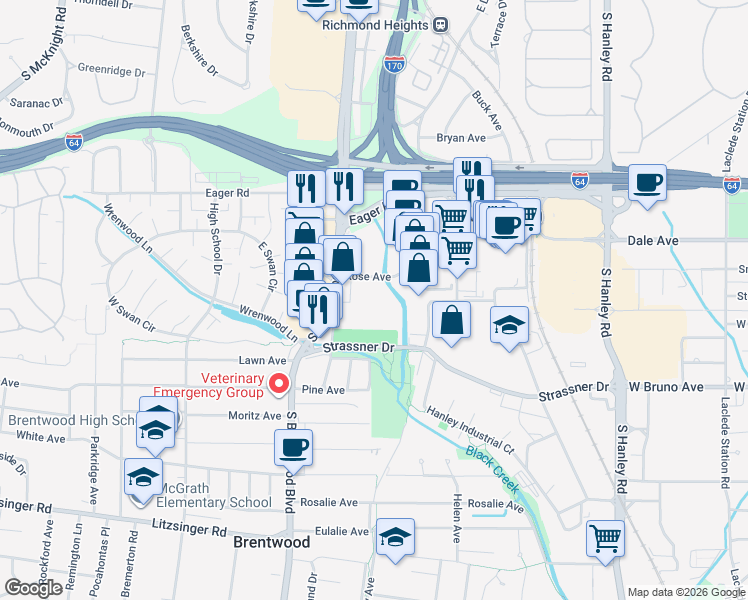 map of restaurants, bars, coffee shops, grocery stores, and more near 1800 South Brentwood Boulevard in Saint Louis