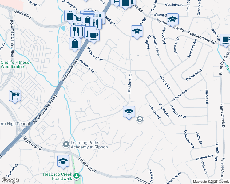 map of restaurants, bars, coffee shops, grocery stores, and more near 15109 Arum Place in Woodbridge